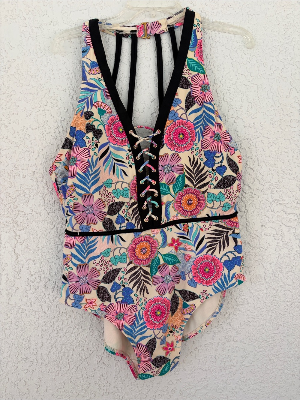 Time and Tru Multicolor Floral Lace-Up One-Piece Swimsuit size 1X (16w-18w)
